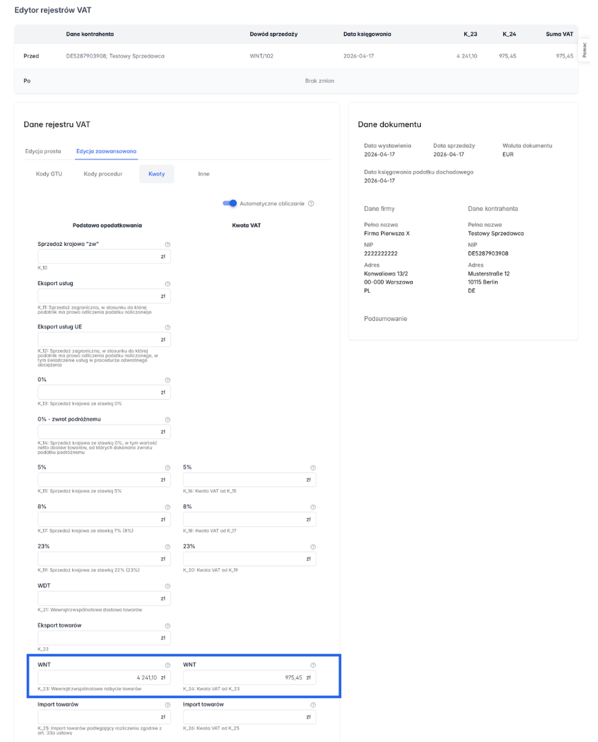 Rejestry VAT faktury WNT.