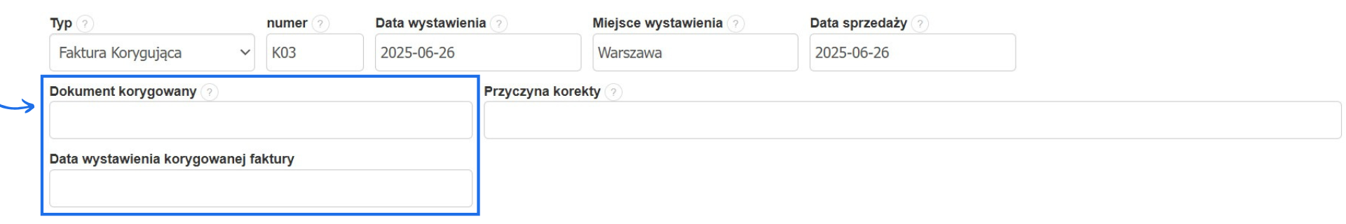 Formularz faktury korygującej z pustym polem „Dokument korygowany” w systemie fakturowania online.