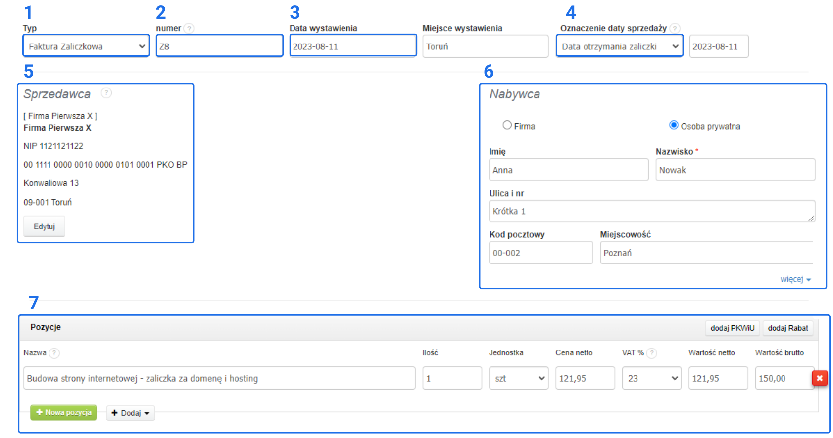 zrzut ekranu przedstawiający formularz faktury zaliczkowej