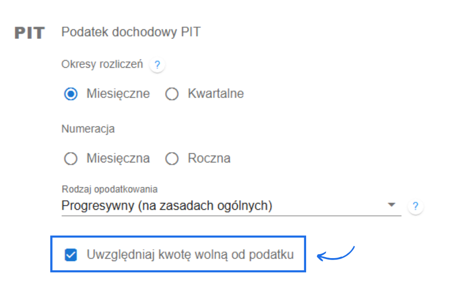 Ustawienia PIT – wybrany miesięczny okres rozliczeń, progresywne opodatkowanie i zaznaczona opcja kwoty wolnej od podatku.