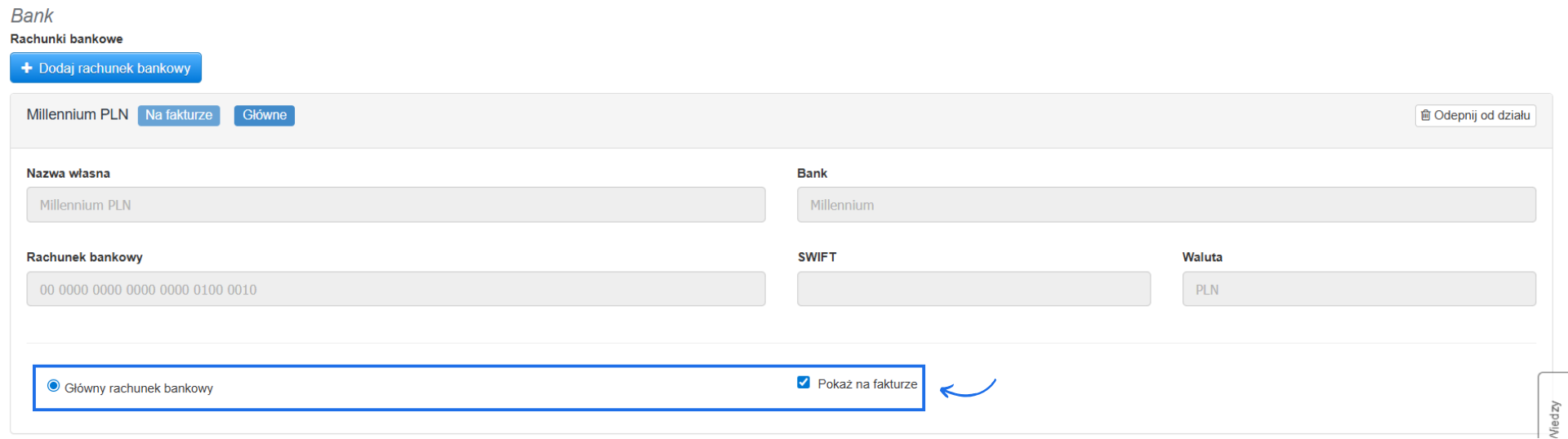 Sekcja Bank w formularzu tworzenia nowego działu firmy na koncie w Fakturowni z dodanym rachunkiem bankowym oraz możliwością dodania kolejnego.
