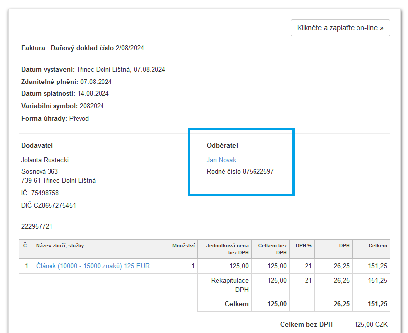Faktura s rodnym cislem