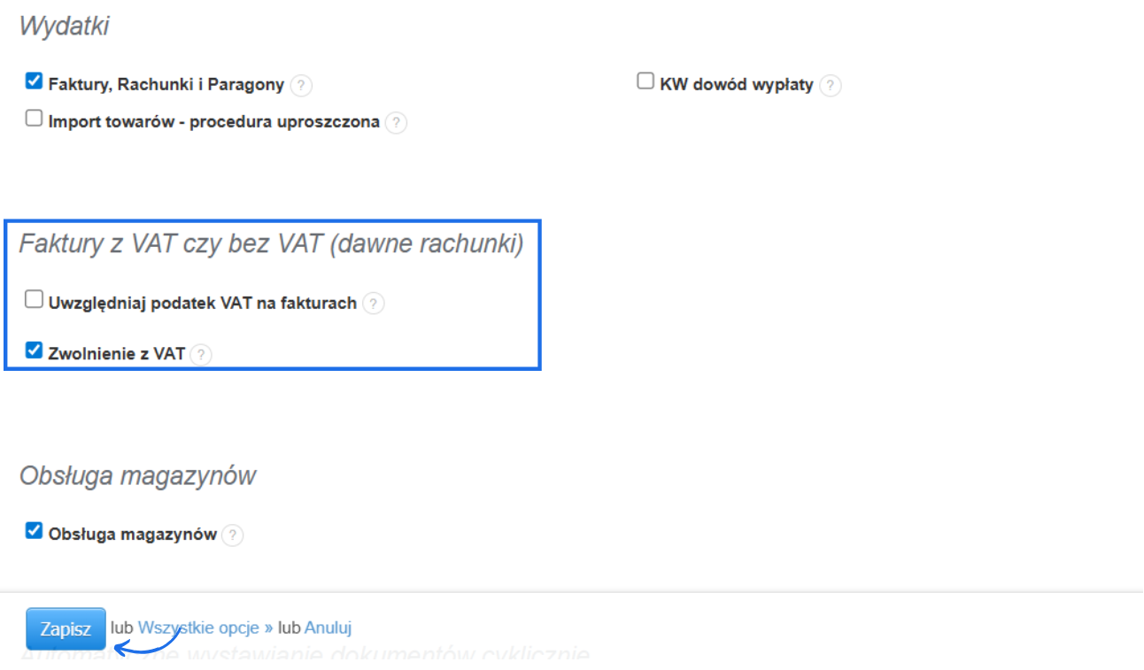 Wyłączona opcja uwzględniania podatku VAT na fakturach z aktywną opcją zwolnienia z VAT w ustawieniach konta.