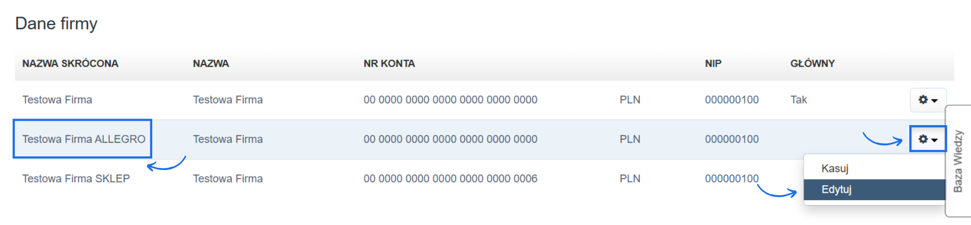 Edycja danych firmy w Fakturowni z zaznaczoną nazwą firmą oraz aktywnym przyciskiem kierującym do edycji danych firmy.