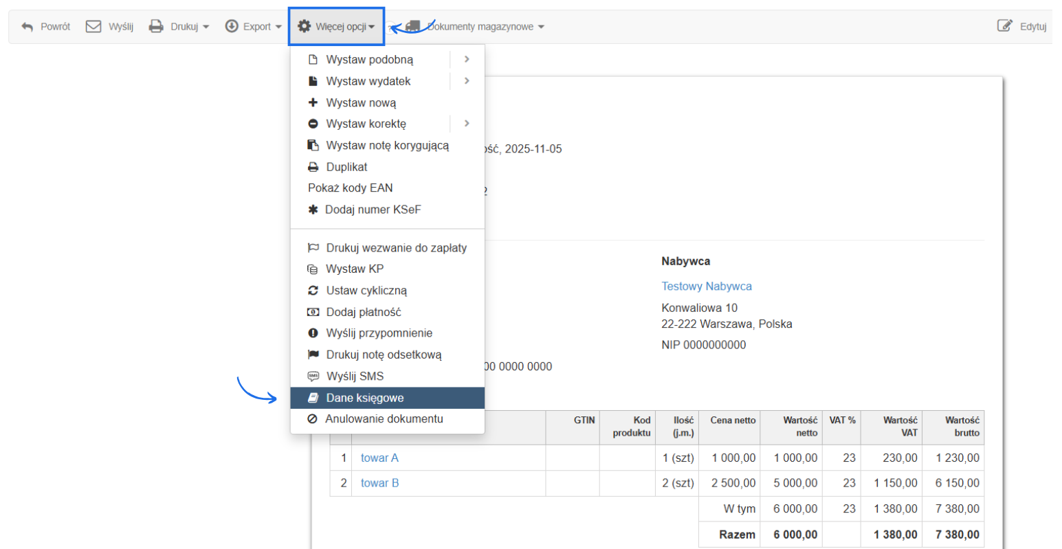 Podgląd faktury sprzedażowej z menu podręcznym i aktywną opcją dane księgowe, która pozwala sprawdzić ujęcie PIT i VAT.