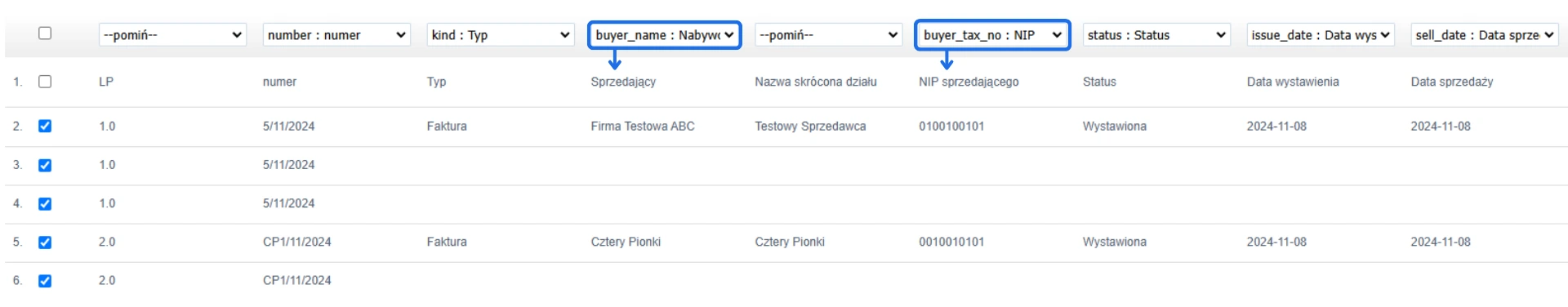 Import faktur z wyborem kolumn, takich jak numer faktury, typ, sprzedający, nabywca, NIP, status, data wystawienia i data sprzedaży.