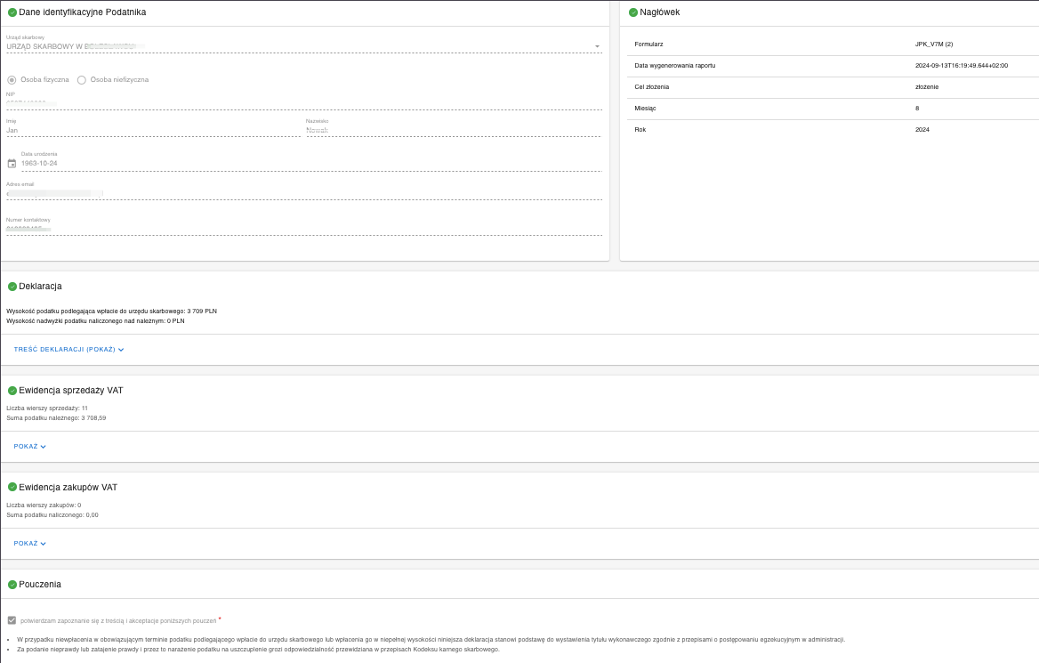 Formularz JPK V7 z danymi podatnika, ewidencją sprzedaży VAT, ewidencją zakupów i pouczeniami dla deklaracji podatkowej.