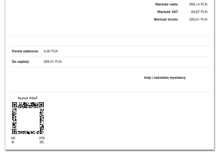 Faktura wysłana do KSeF z kodem QR wskazującym nadany przez system KSF numerem.