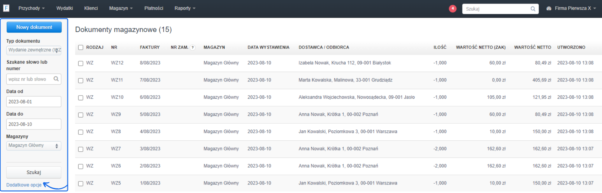 Ekran listy dokumentów magazynowych z widocznymi szczegółami takimi jak rodzaj, numer, magazyn, data wystawienia, odbiorca, ilość i wartość netto.