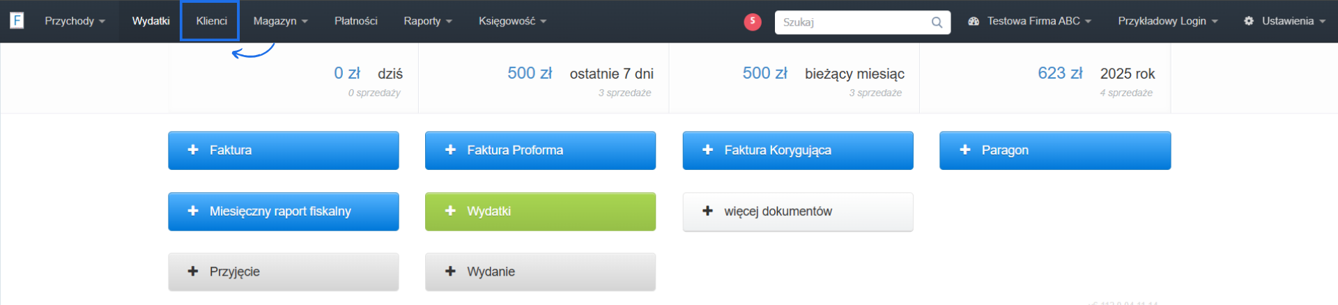 Strona główna konta w Fakturowni z przyciskami do wystawiania dokumentów aktywnych na koncie oraz menu z aktywną zakładką klienci.