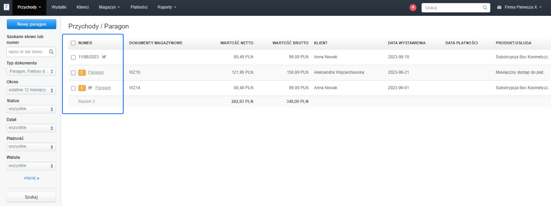 Widok tabeli z listą dokumentów przychodowych z kolumnami dla numeru dokumentu, wartości netto, wartości brutto, klienta, daty wystawienia, daty płatności i opisu produktu/usługi.