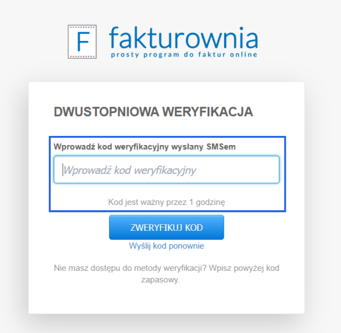 Panel logowania do systemu z aktywną dwustopniową weryfikacją SMS, polem na kod weryfikacyjny i przyciskiem 'Zweryfikuj kod'.