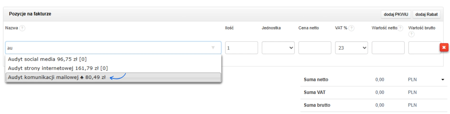 Wybór usługi „Audyt komunikacji mailowej” do faktury – cena netto 80,49 zł, VAT 23%, bez stanu magazynowego [0].