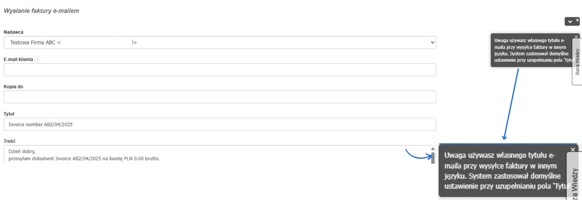 Wysyłka faktury e-mailem z własnym tytułem wiadomości i systemowym komunikatem o zmianie języka domyślnego.