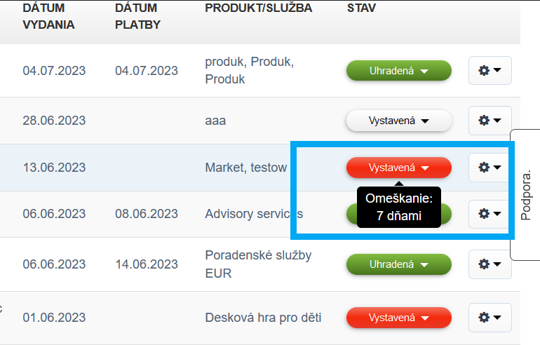 zrzut ekranu – nieopłacone faktury