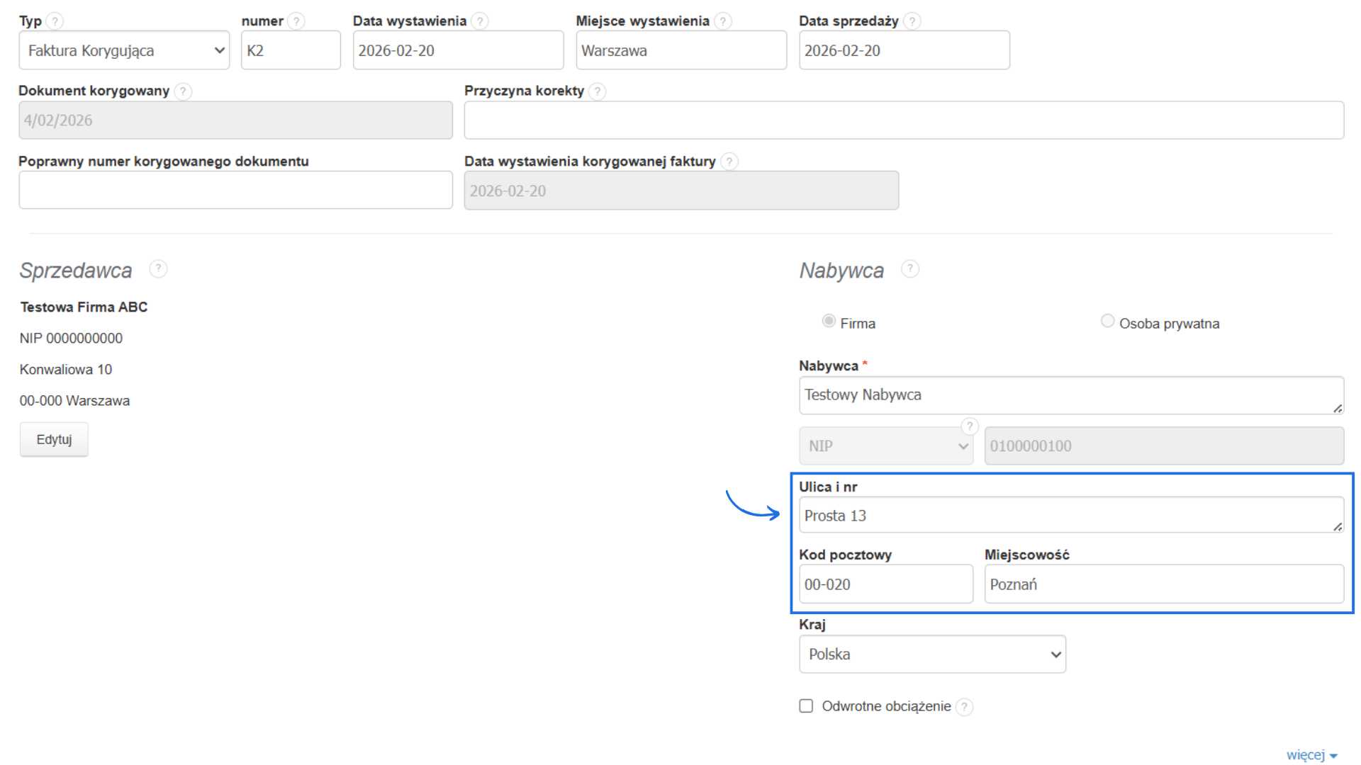 Formularz tworzenia korekty do faktury z poprawionymi danymi adresowymi po stronie danych Nabywcy.
