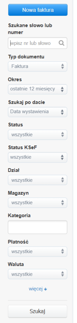 Panel filtrujący dostępny na liście faktu, który pozwala na precyzyjne wyszukanie dokumentów na koncie.
