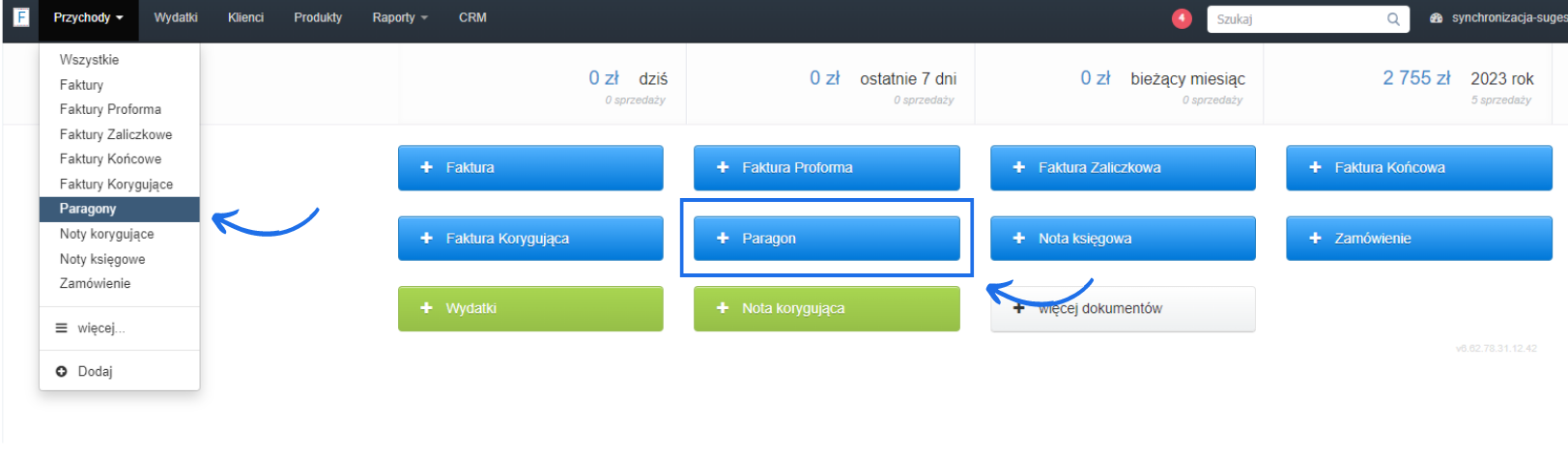 Menu wyboru dokumentów w systemie księgowym, z zaznaczoną opcją 'Paragony' oraz przyciskiem do utworzenia nowego paragonu.