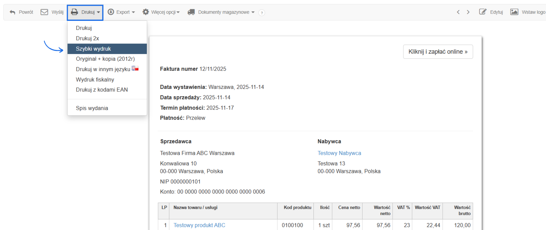 Podgląd faktury w systemie Fakturownia z aktywną opcją wydruku jako szybki wydruk.