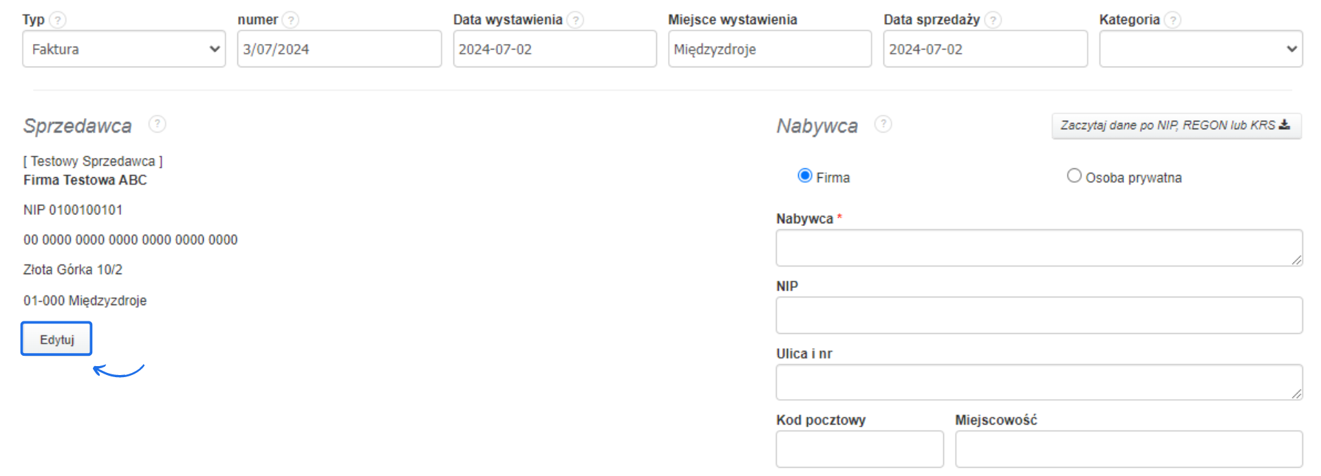 Formularz faktury z możliwością edycji danych sprzedawcy, wypełnione pola z datą wystawienia i miejscem wystawienia.