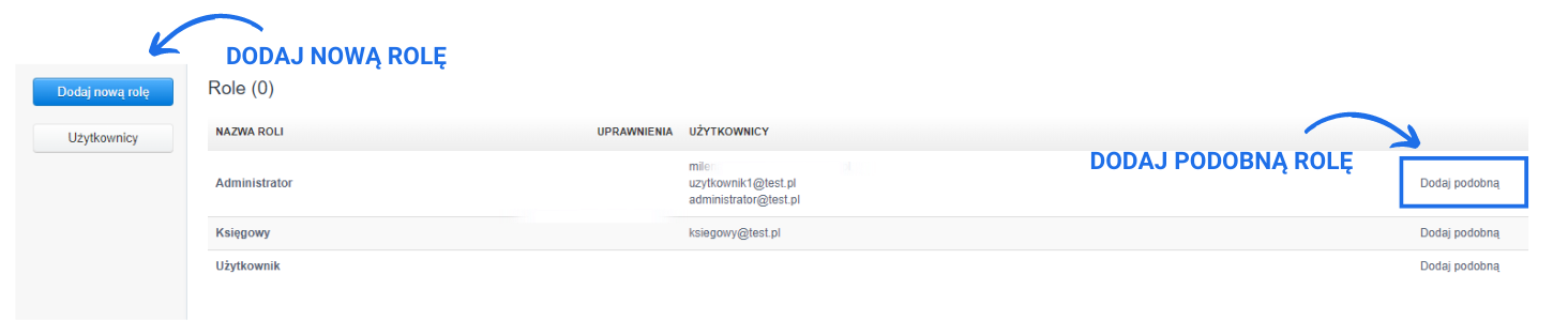 Panel zarządzania rolami w systemie z przyciskami do dodawania nowej roli i tworzenia podobnej roli, lista dostępnych ról z przypisanymi użytkownikami.