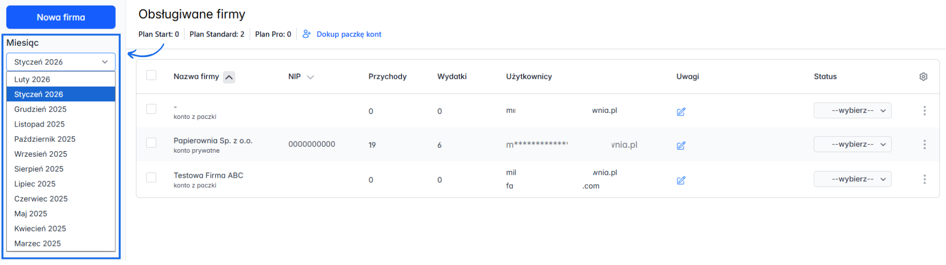 Lista obsługiwanych firm z możliwością wyfiltrowania danych dla konkretnego miesiąca.