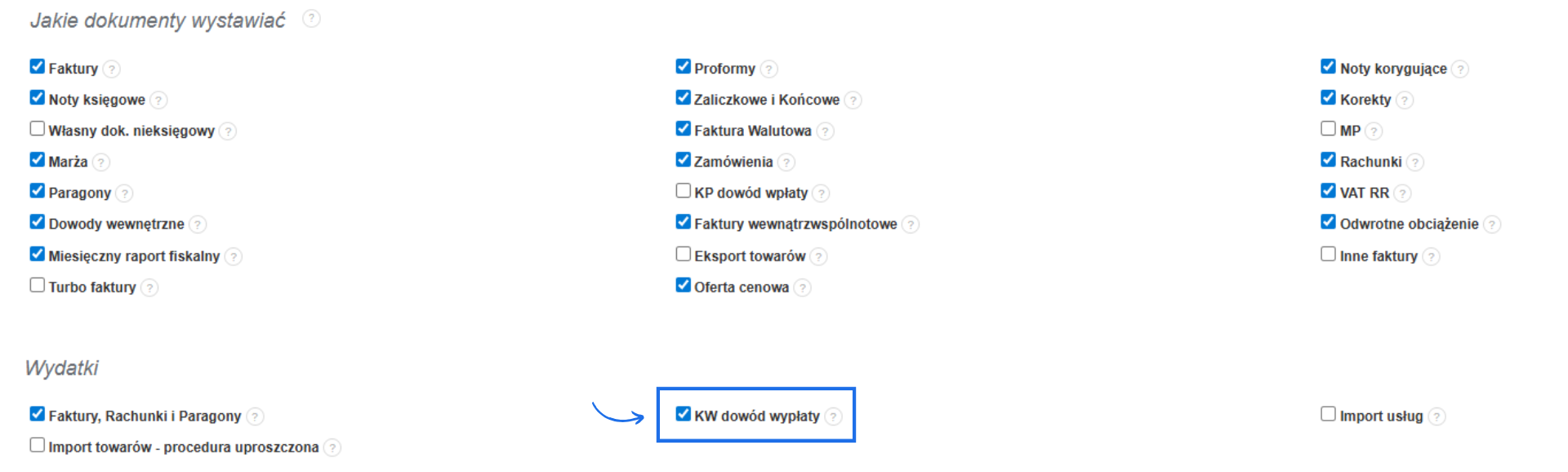Panel ustawień z zaznaczonymi typami dokumentów możliwych do wystawienia w Fakturowni, w tym KW dowód wypłaty.