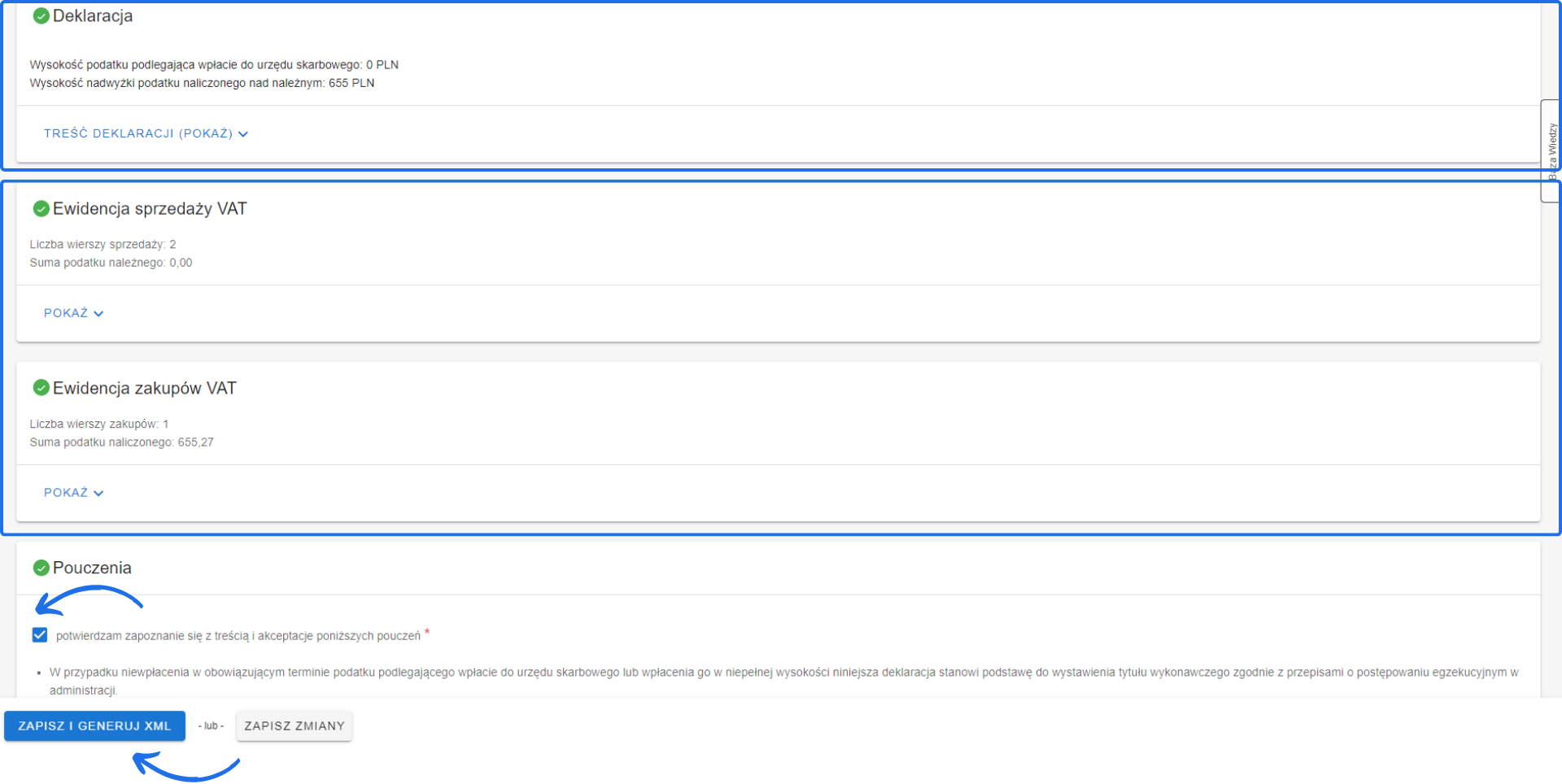Widok korekty ewidencyjno-deklaracyjnej VAT. Podświetlone sekcje deklaracji oraz ewidencji sprzedaży i zakupu VAT. Zaznaczone potwierdzenie pouczeń przed zapisaniem i generacją XML.
