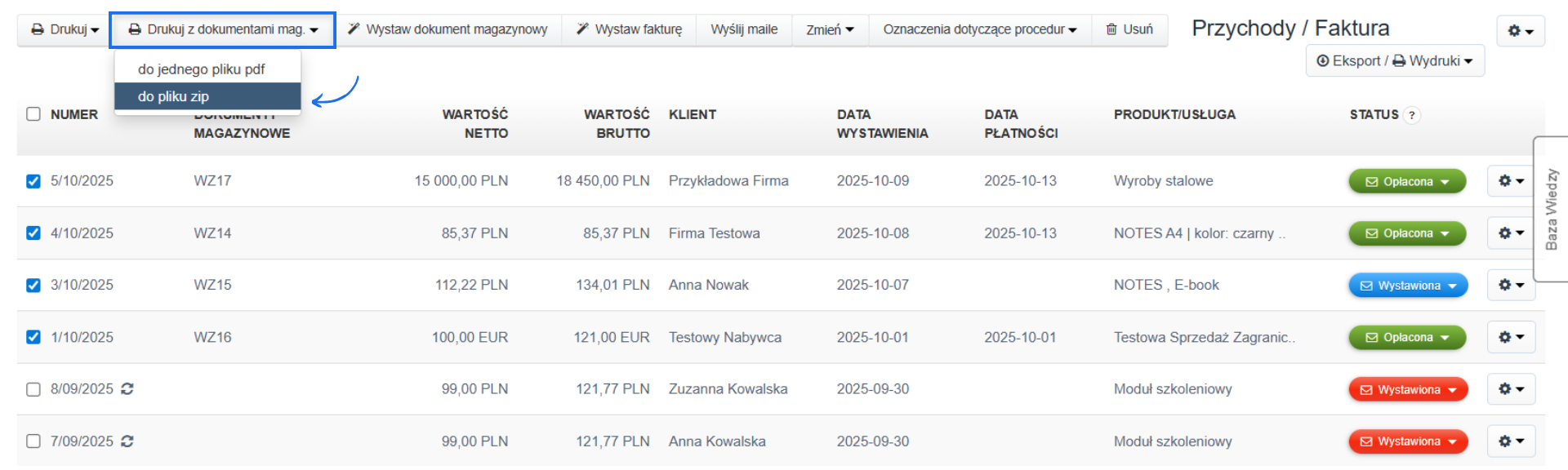 Lista faktur sprzedażowych w systemie Fakturownia z wybranymi kilkoma fakturami i aktywną opcją eksportu do ZIP z dokumentami magazynowymi.