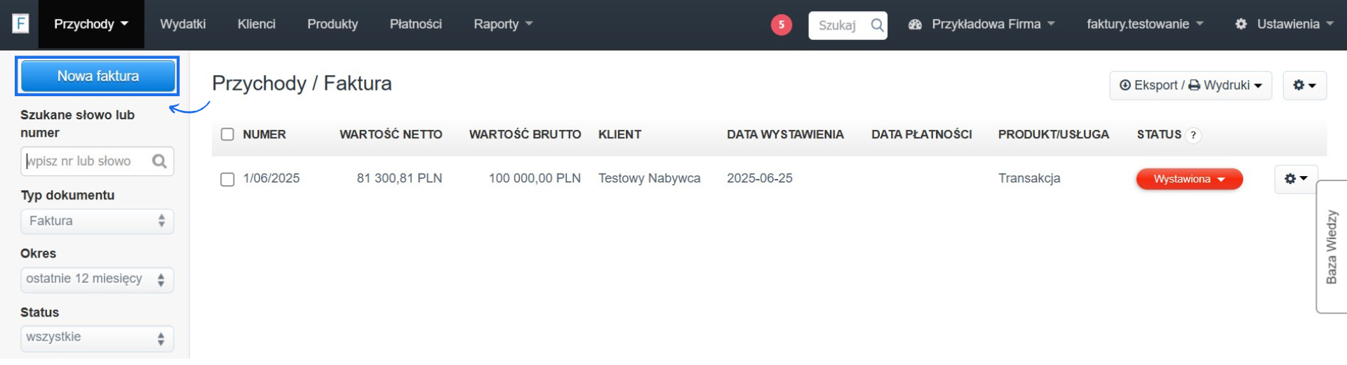 Lista faktur przychodowych wystawiona na koncie w systemie do fakturowania online z możliwością utworzenia nowej faktury.