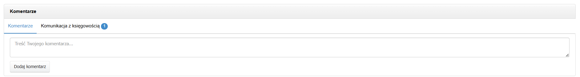 Sekcja komentarzy w fakturze kosztowej z licznikiem wskazującym 1 wiadomość od księgowego, na którą nie odpisano.