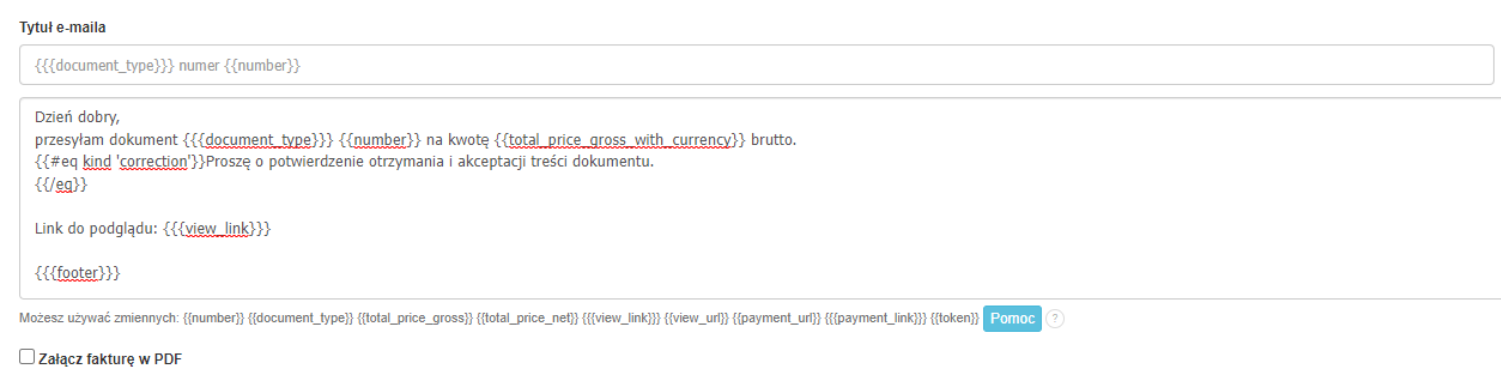 Przykład ustawień treści wiadomości e-mail wysyłanej z systemu Fakturownia z fakturą, gdzie treść uzupełniona jest zmiennymi. 
