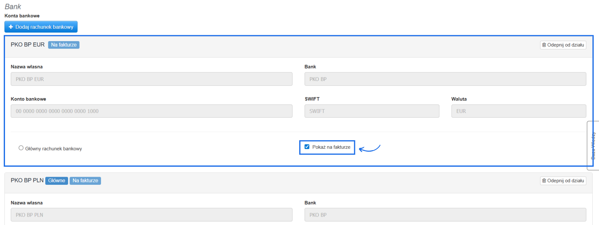 Lista rachunków powiązanych z działem widoczna w formularzu edycji działu - konto z aktywną opcją pokaż na fakturze.