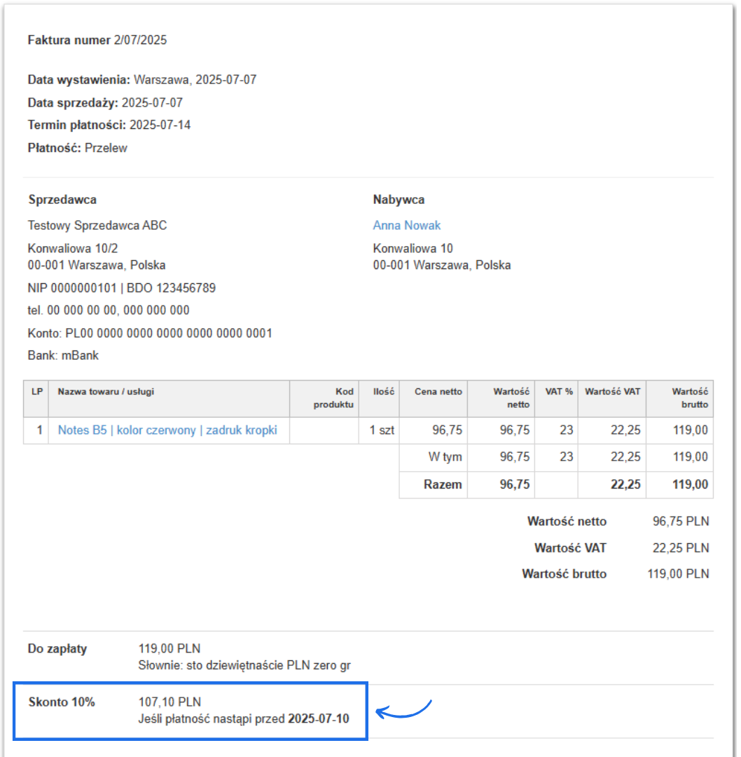 Przykładowa faktura wystawiona w Fakturowni z aktywną opcją skonto, czyli obniżką procentową za płatność do wybranej daty.