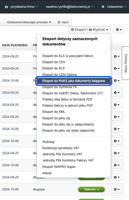 Opcje eksportu dokumentów w systemie fakturowania, wybór formatu eksportu do RAKS jako dokumenty księgowe