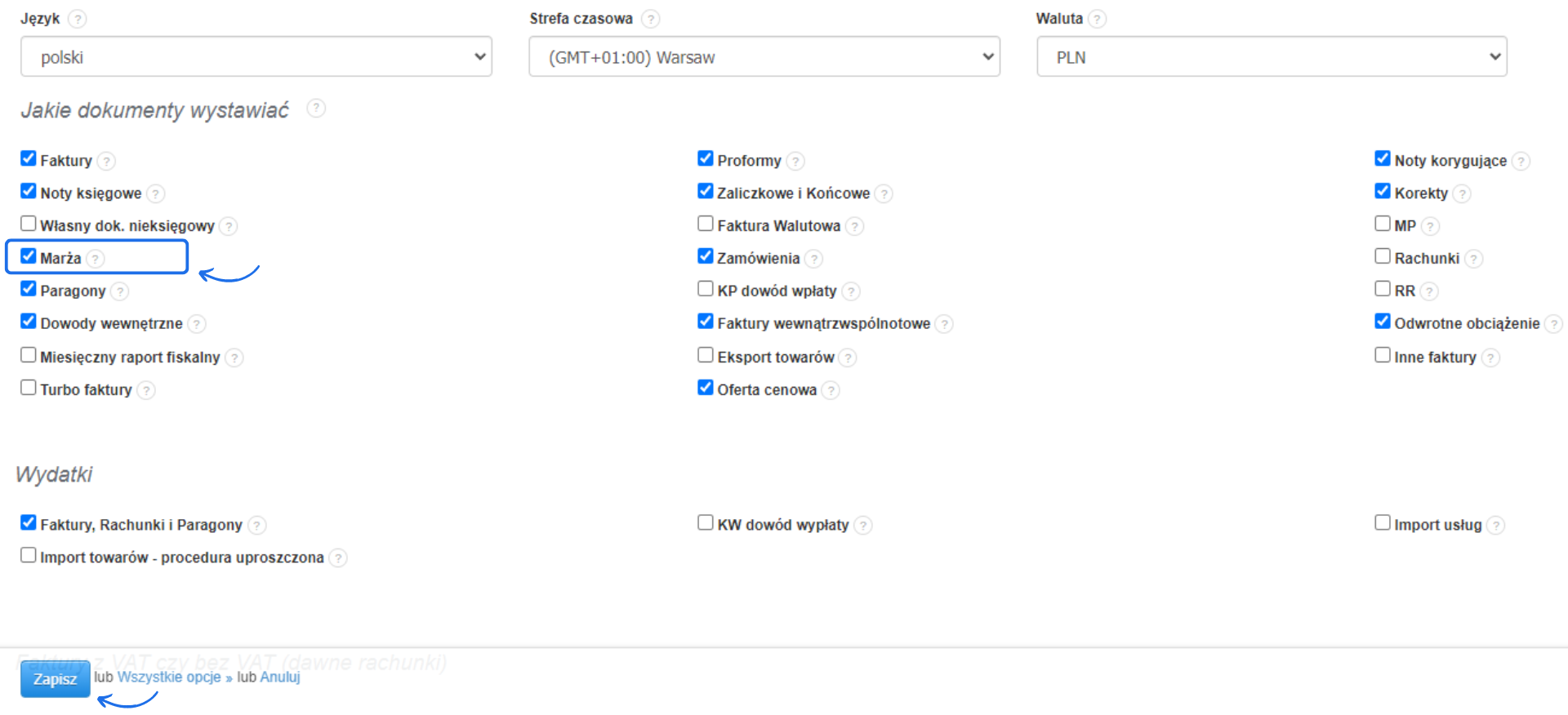 Panel ustawień dokumentów z zaznaczoną opcją 'Marża' i przyciskiem zapisu na dole strony, umożliwiający aktywację funkcji dla faktur VAT.
