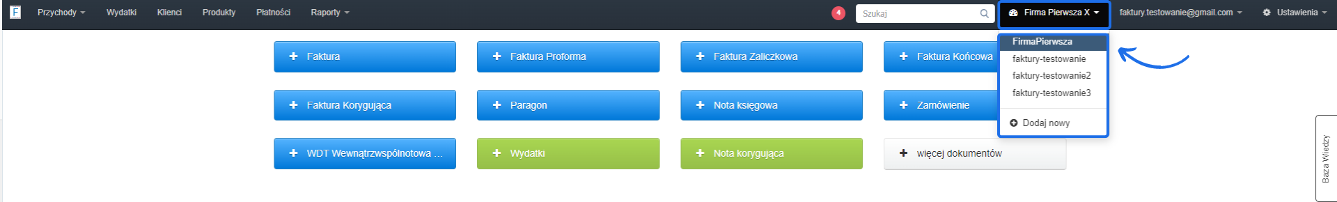 Panel nawigacyjny systemu fakturowania online z rozwijanym menu do przełączania między różnymi kontami firmowymi, z zaznaczonym nowym kontem o nazwie FirmaPierwsza