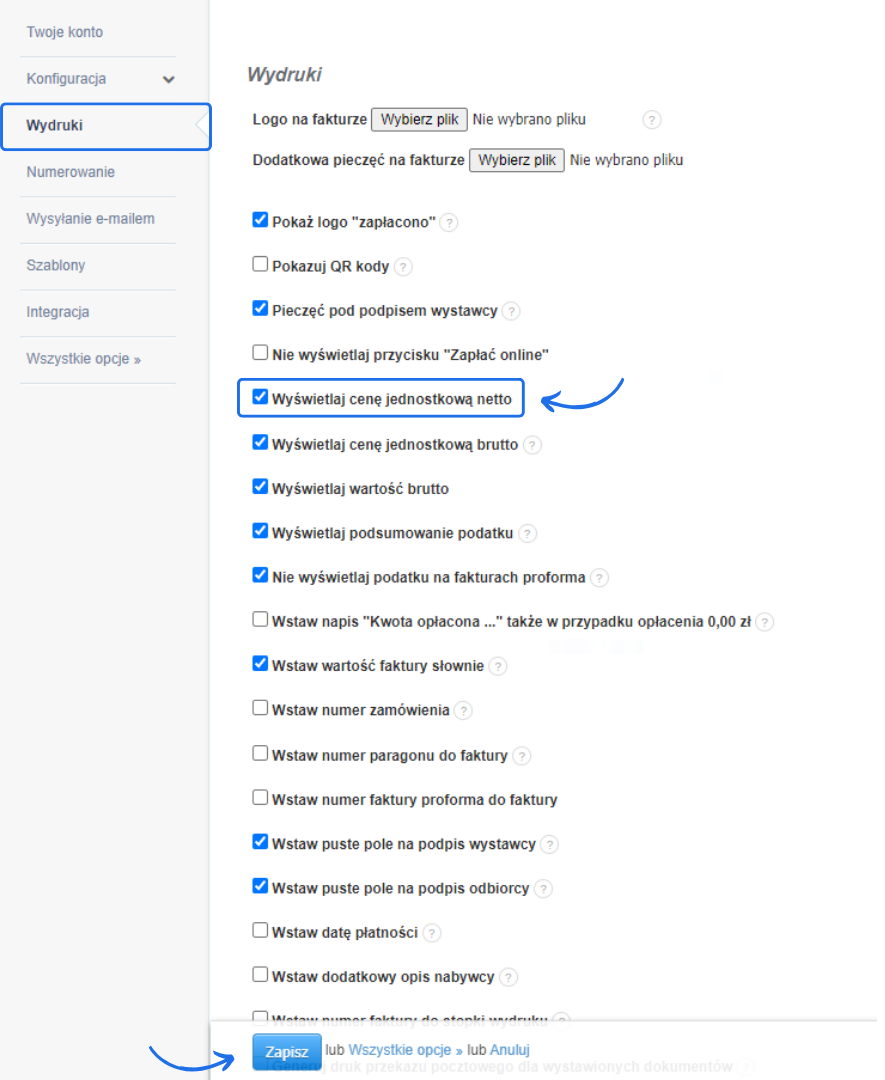 Ustawienia konta w systemie Fakturownia w zakładce wydruki z aktywną opcją wyświetlaj cenę jednostkową netto.