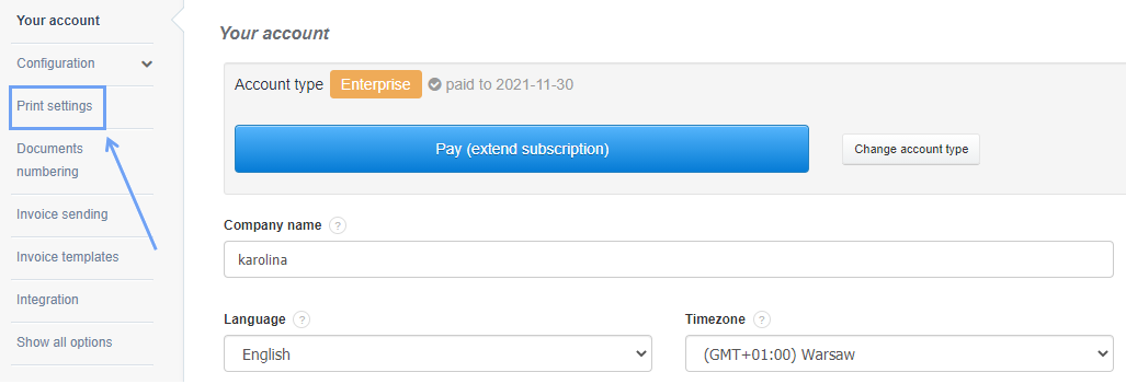 Print settings signature
