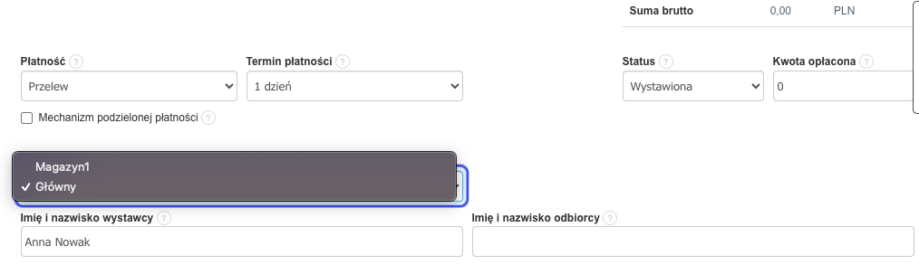 Wybór magazynu w systemie Fakturownia podczas wystawiania faktury, z zaznaczoną opcją 'Główny' na rozwijanej liście.