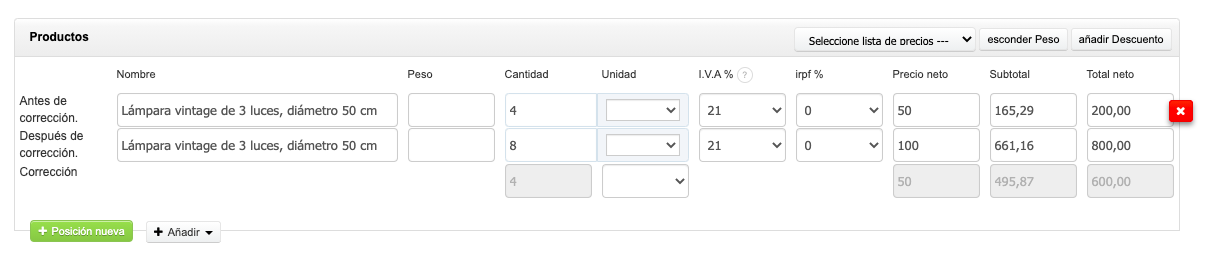 cambios en factura rectificativa 