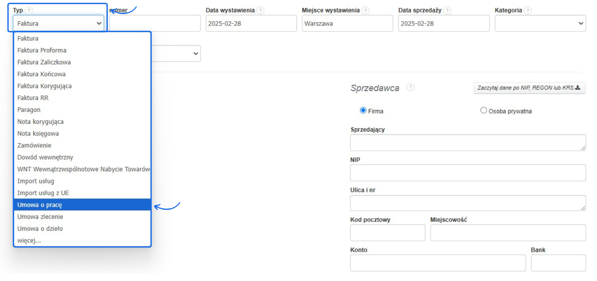 Lista rozwijana w systemie Fakturownia z wyborem typu dokumentu. Zaznaczona opcja 'Umowa o pracę', obok inne typy, np. faktura, paragon, zamówienie.