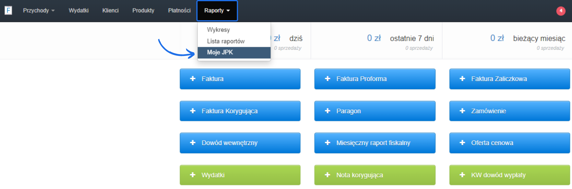 Panel główny z listą dokumentów i rozwiniętym menu 'Raporty', wskazującym na opcję 'Moje JPK' do generowania Jednolitego Pliku Kontrolnego.