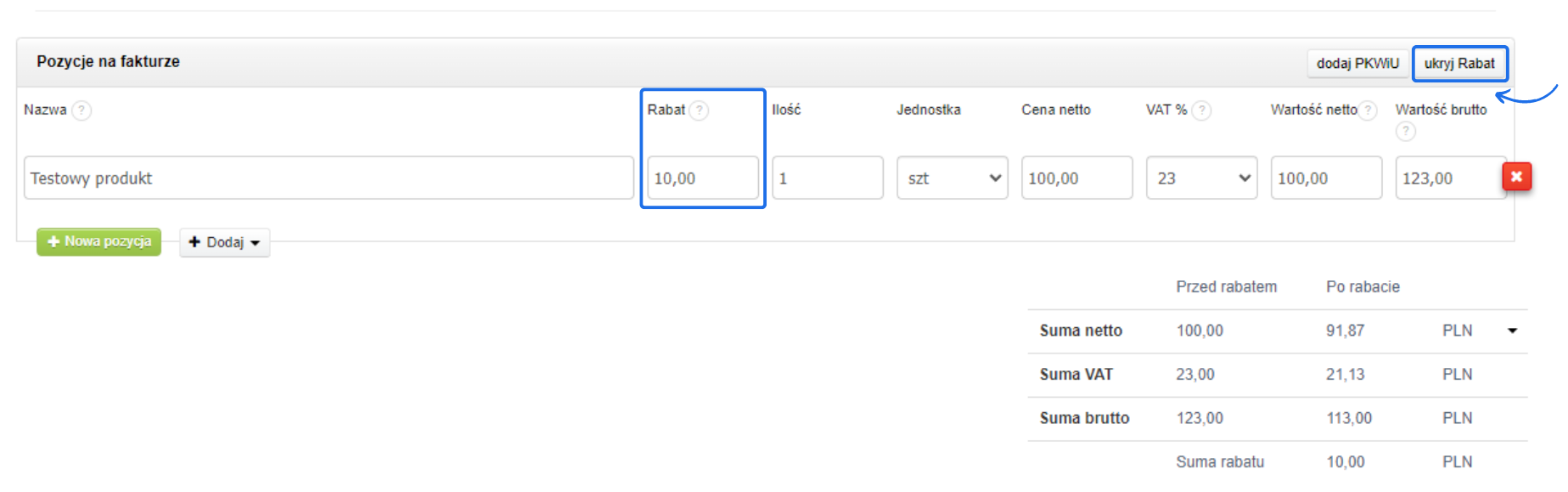 Formularz faktury z dodaną pozycją 'Testowy produkt' oraz polem rabatu ustawionym na 10 PLN, z możliwością ukrycia pola PKWiU i rabatu.