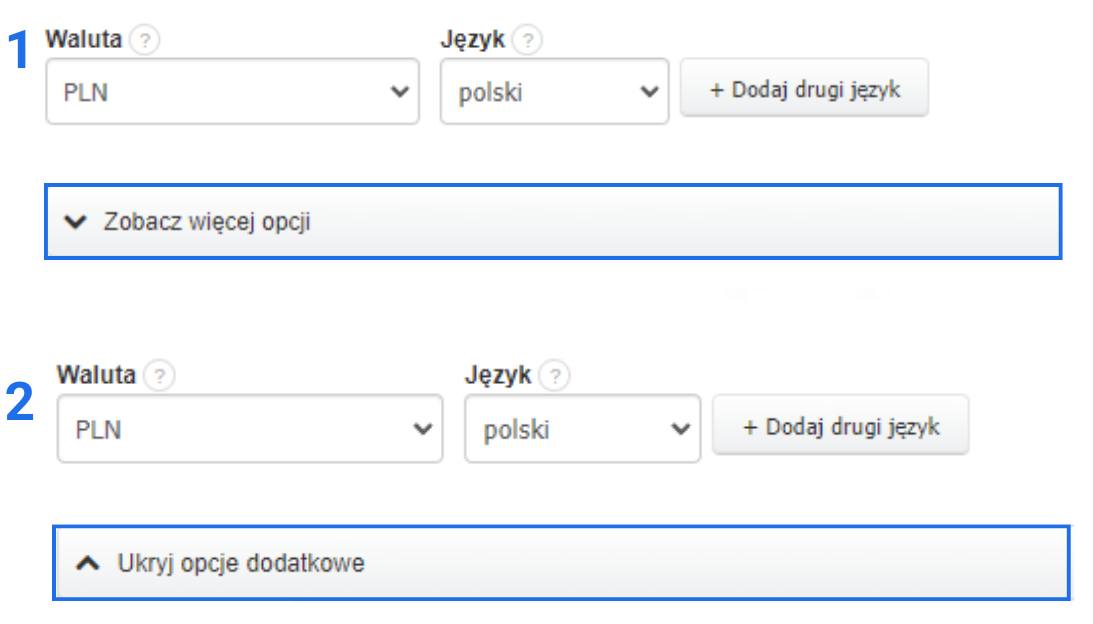 Formularz tworzenia faktury korygującej z sekcją zobacz więcej opcji (nierozwinięta) lub ukryj opcje dodatkowe (rozwinięta).