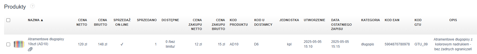 Widok listy produktów z pełnymi danymi: nazwa, cena netto, brutto, sprzedaż online, cena zakupu netto, brutto, kod produktu, kod u dostawcy, kod ean, kod gtu, kategoria, opis