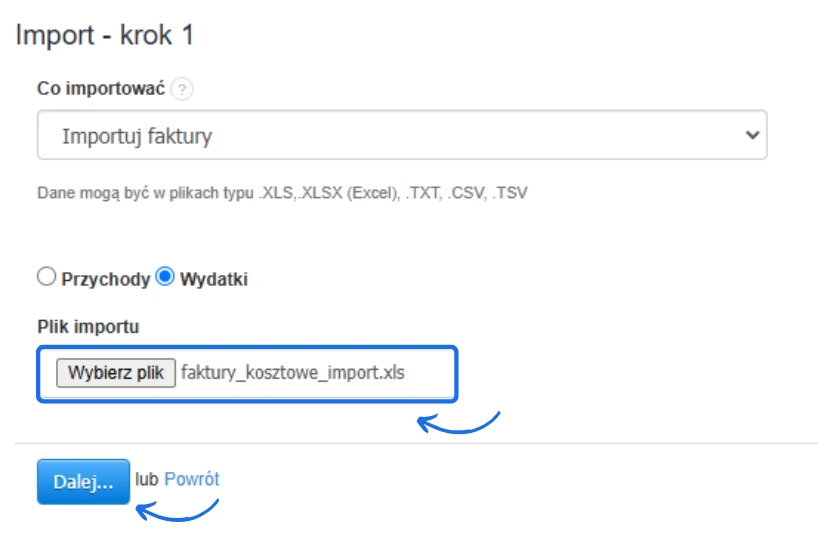 Import faktur, krok 1. Wybrano plik 'faktury_kosztowe_import.xls' oraz zaznaczono opcję 'Wydatki'. Widoczne przyciski 'Dalej...' i 'Powrót'.