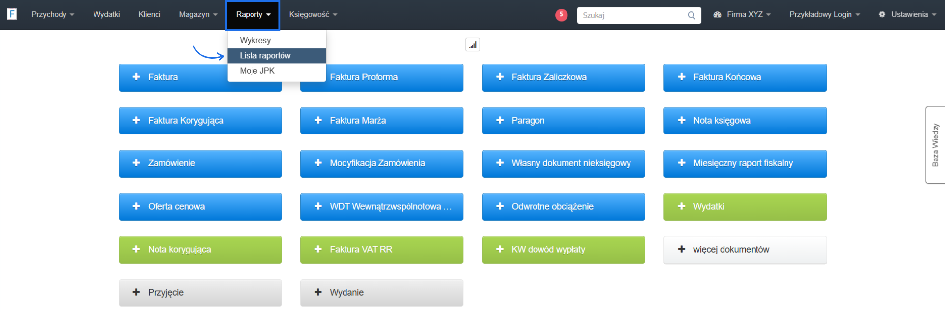 Strona główna systemu Fakturownia z przyciskami do wystawiania dokumentów oraz aktywną zakładką raporty.