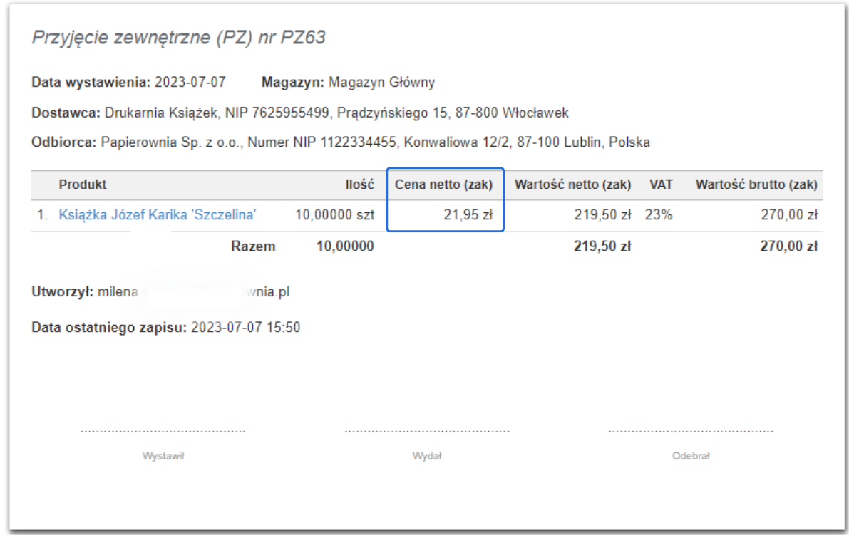Dokument przyjęcia zewnętrznego (PZ63) dla książki 'Szczelina' z ceną netto zakupu 21,95 zł i łączną wartością netto 219,50 zł.