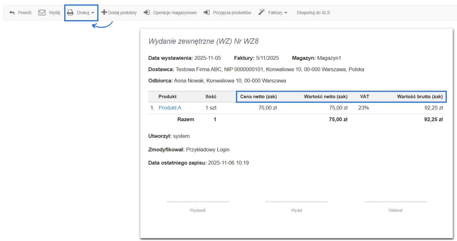 Dokument magazynowy WZ o numerze 8 ze sprzedanym produktem A z cenami zakupu i aktywną opcję drukuj w menu podręcznym.